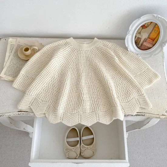 Printemps Automne Girl's Knitwear Ruffle Sweet Kids Dress Gros Polka DOT Robe à manches longues pour enfants Pulls mi-longs