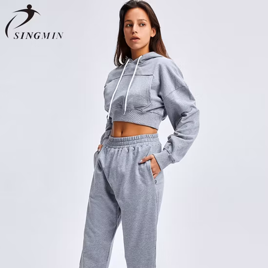 Femmes décontracté 100% coton haut court pull pantalon ample costume épaissi deux pièces pantalon ensemble